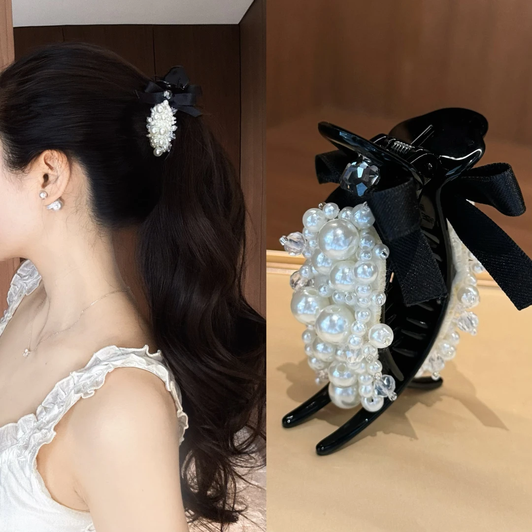杨杨babytime慵懒夏日 蝴蝶结仿珍珠抓夹简约便携鲨鱼夹子