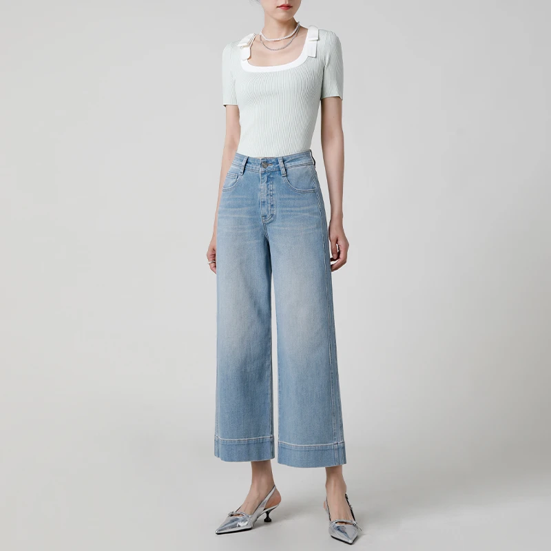 凉感垂顺 | 高腰宽松直筒牛仔裤女2025年夏季薄款弹力九分阔腿裤