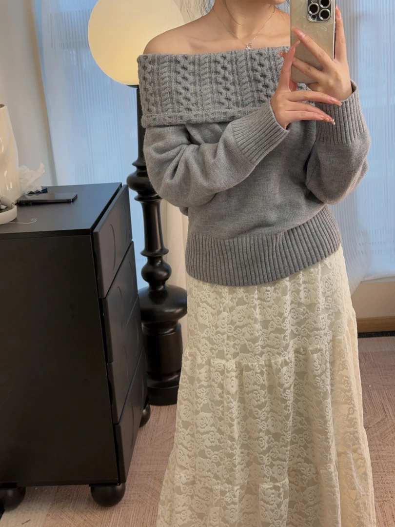 MMZA 温柔韩系一字领毛衣针织上衣