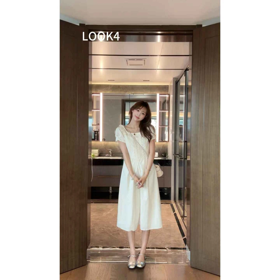 【夏川雪奈】夏季法式收腰显瘦设计拼接蕾丝短袖连衣裙