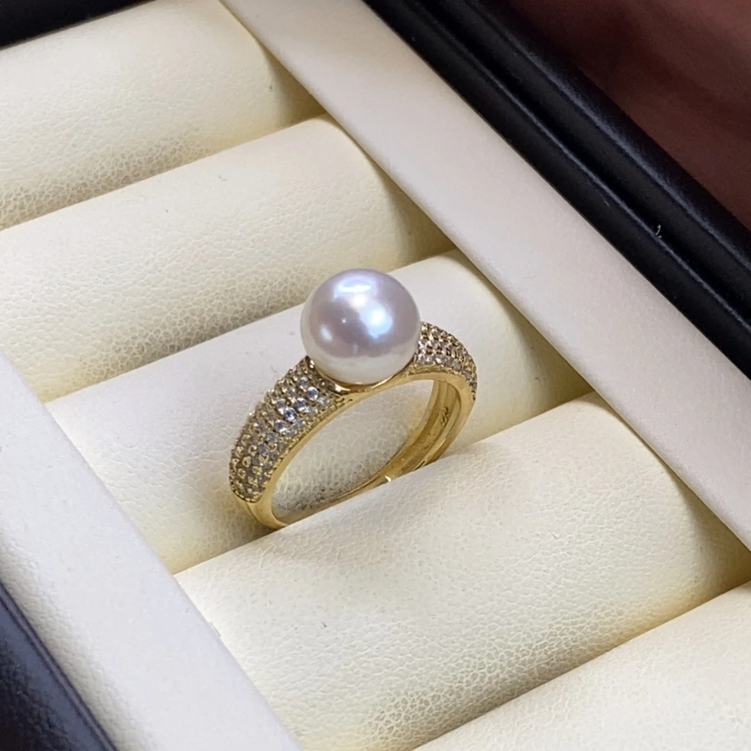 银S925镀金镶嵌戒指淡水珍珠