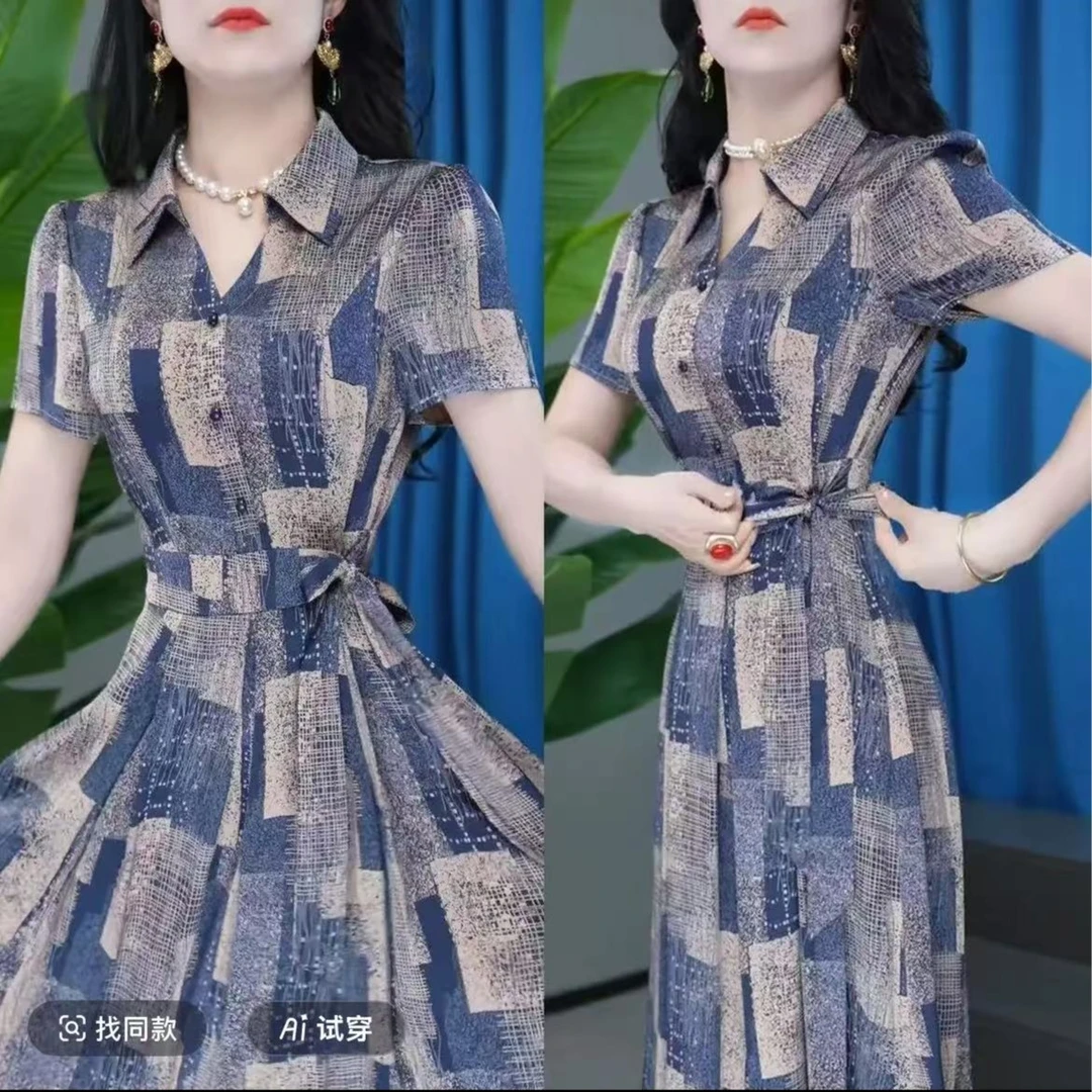 2025系带中长款收腰印花洋气女装气质夏季裙子显瘦时尚遮肚连衣裙