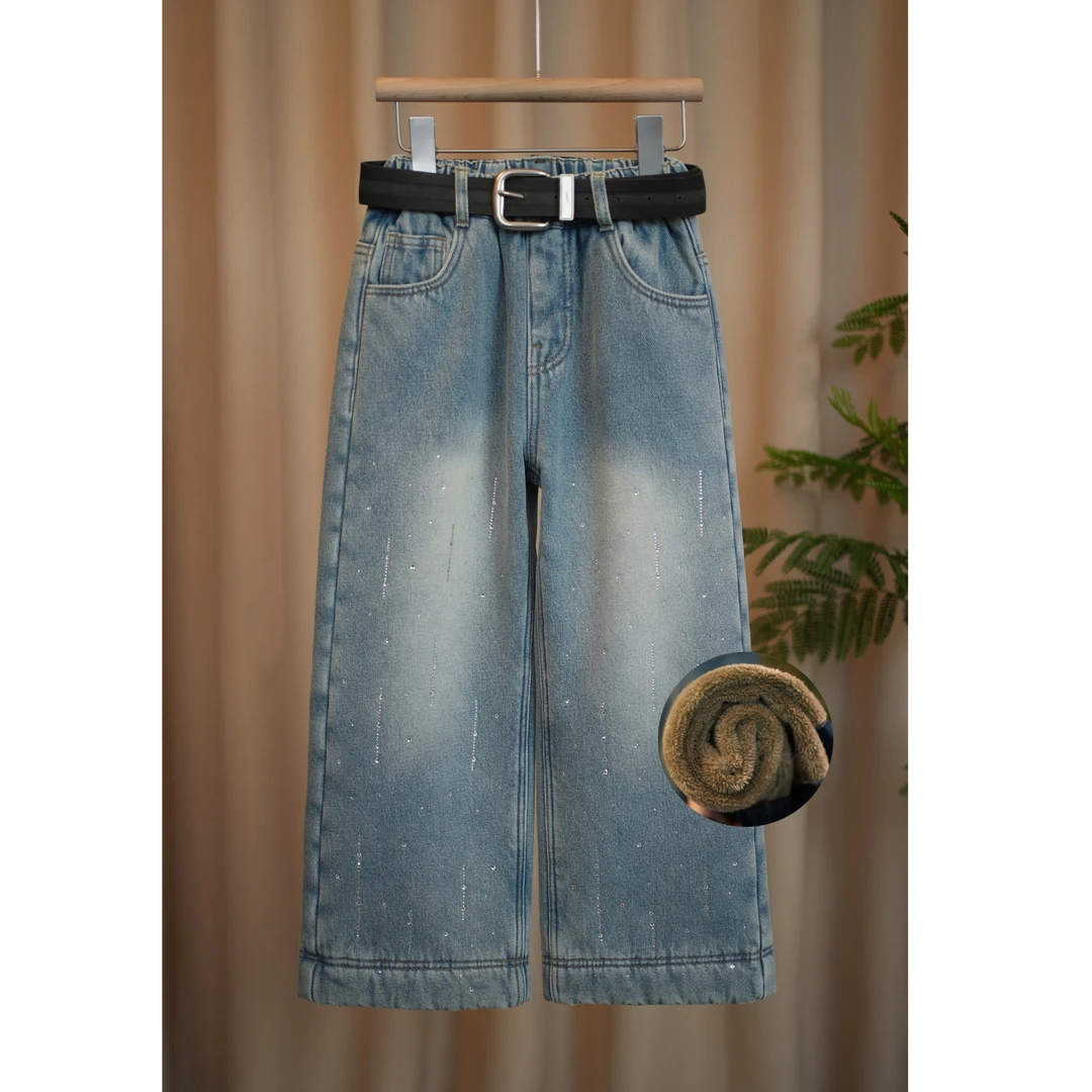 女童加厚绒牛仔裤2024冬季新款烫钻百搭中大童直筒儿童阔腿裤Y081