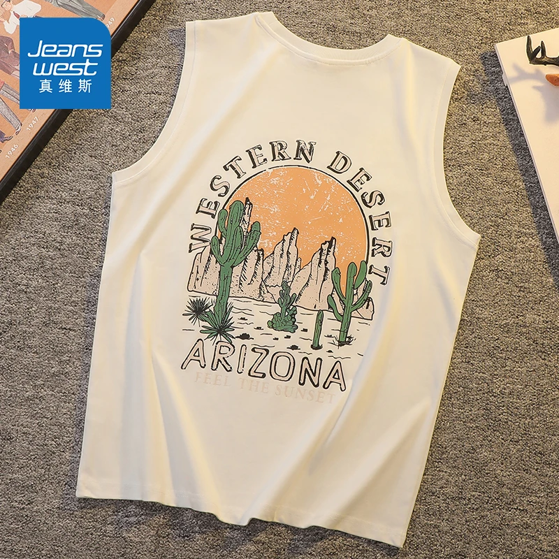 Jeanswest/真维斯男士运动纯棉背心夏季潮牌美式宽松百搭无袖T恤