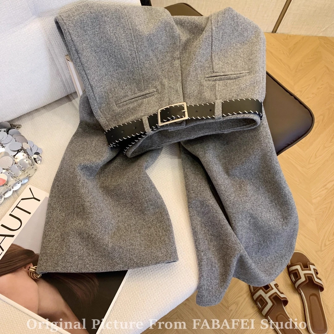 老钱风加厚毛呢阔腿裤女2025秋冬韩系配腰带显瘦西装裤灰色直筒裤