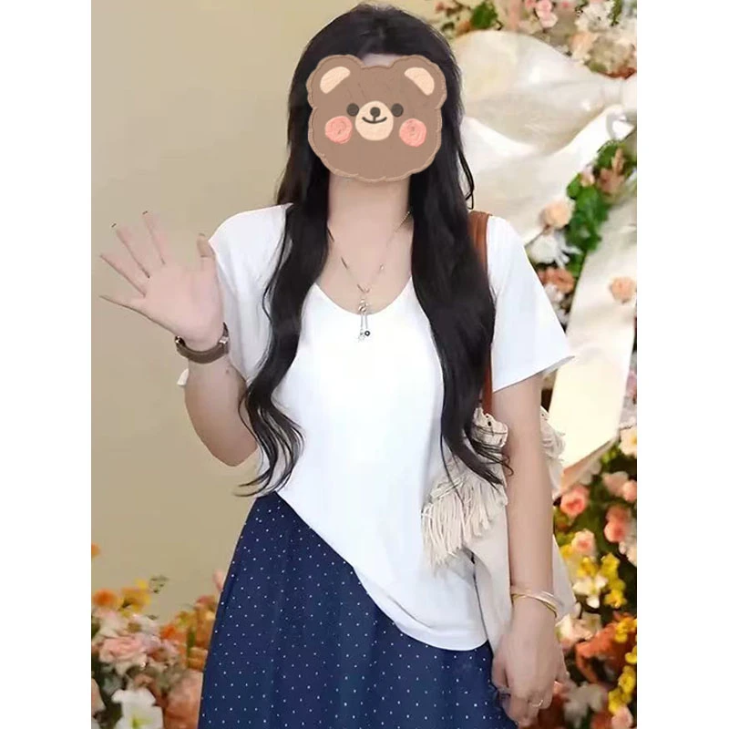 大码200斤小众洋气减龄韩系纯色V领正肩休闲百搭短袖t恤女上衣ins
