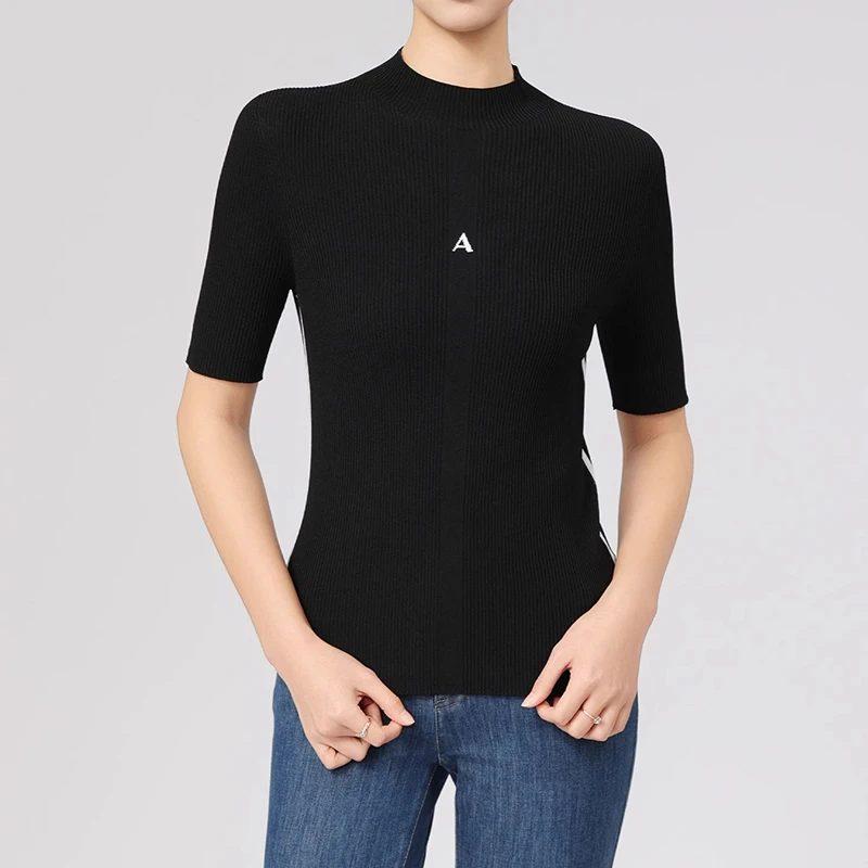 商城同款2025年春夏新款竖坑条修身黑色显瘦内搭中袖针织衫538063