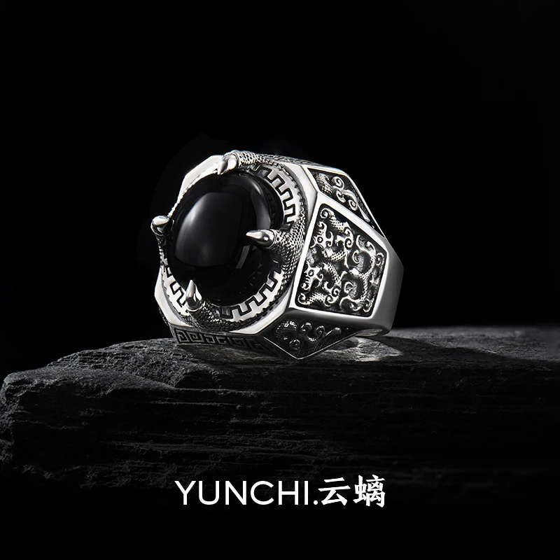 云螭夔龙纹元素黑玛瑙戒指国风潮男龙爪呈珠闭口复古