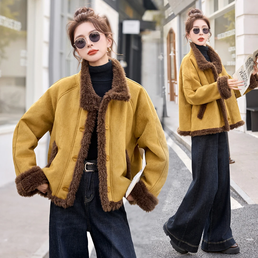 皮毛一体外套女冬季加厚加绒高级感时尚洋气宽松减龄显瘦短款上衣