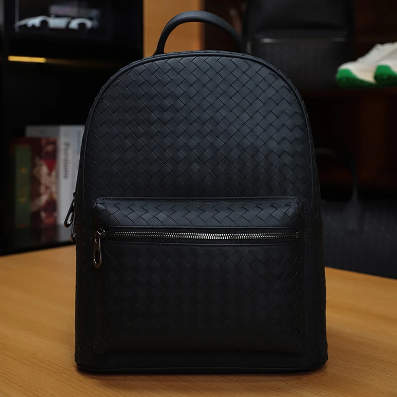 BV手工编织牛皮格子大容量旅行包男士轻奢休闲商务时尚背包双肩包