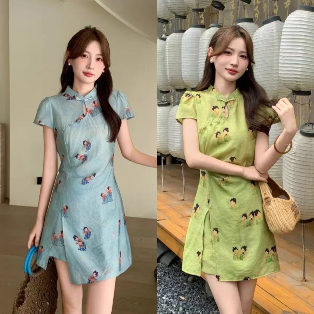 新中式国风夏季改良旗袍显瘦短裤连衣裙短裤套装