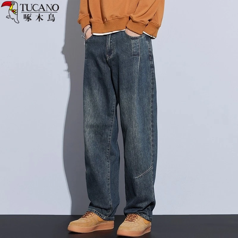啄木鸟秋冬季美式复古高街松紧腰牛仔裤男宽松直筒阔腿vibe长裤子
