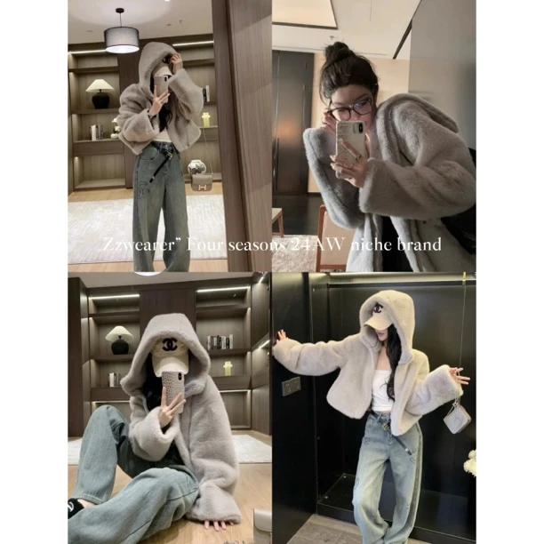 “冬日特调”定制灰色！！秋冬新款环保毛毛外套女连帽精致简约大气