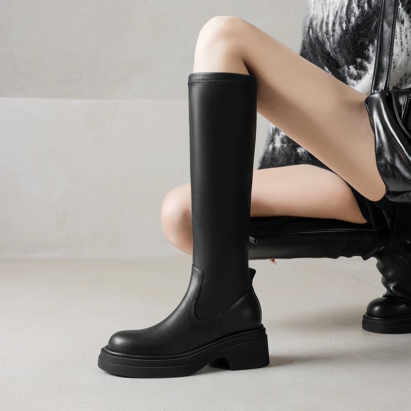 VICEN FIFI/5cm真皮高筒骑士靴女新款粗跟弹力瘦瘦靴不过膝长筒靴