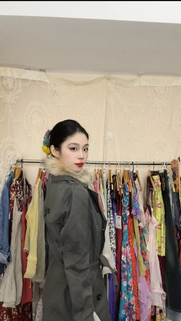 【瑞秋外贸服饰】 水洗棉做旧灰色风衣外套