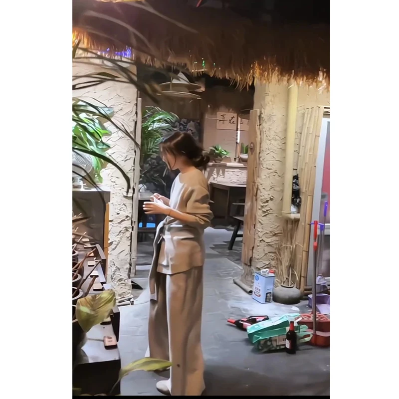 韩系设计感慵懒系带套装女2025冬季新款收腰两面穿上衣显瘦阔腿裤