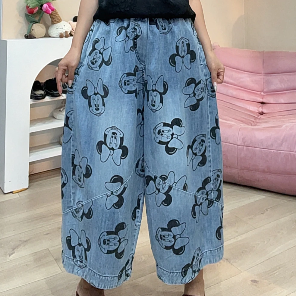 702韩版夏季新款米奇印花宽松大版八分牛仔裤女显瘦