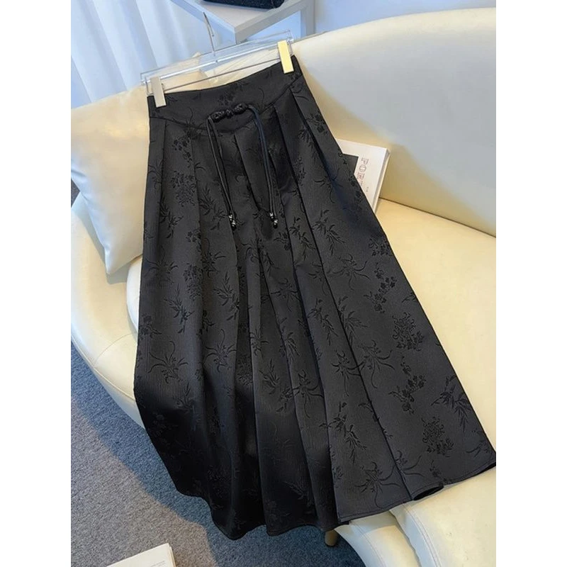 高级感提花国风盘扣黑色马面裙春夏新款大码胖新中式改良百褶裙