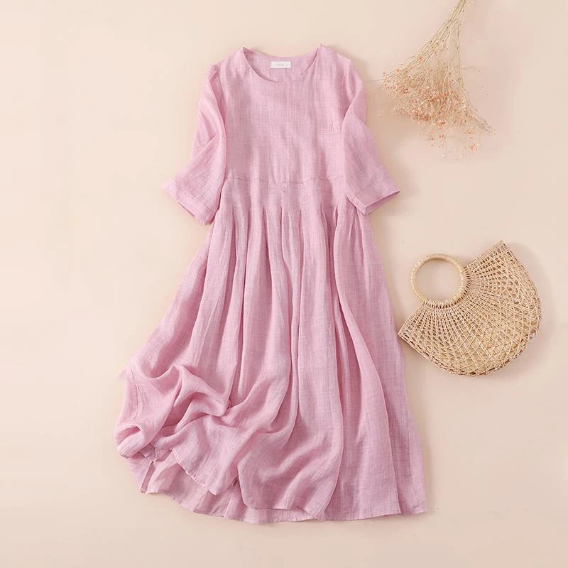 文艺薄款苎麻连衣裙女夏季宽松中长款亚麻大摆裙胖妹妹大码a字裙