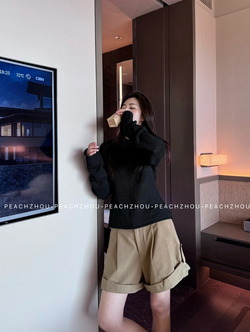 『PEACHZHOU』和纸纱轻薄毛织卷边微收腰宽松圆领针织衫休闲长袖女