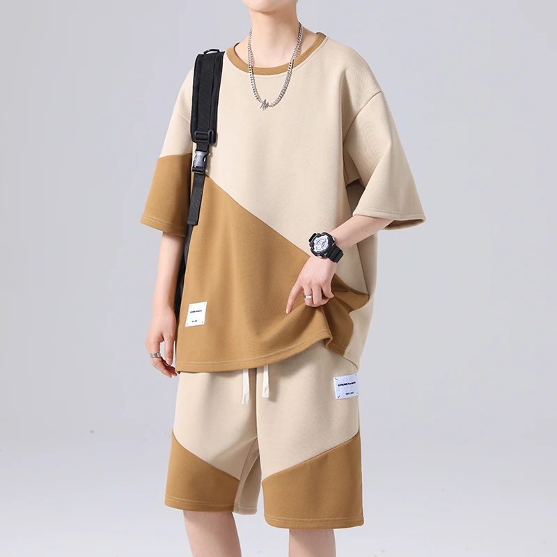 男装潮冰丝短袖套装男款夏季薄款潮牌休闲运动青少年一套帅气搭配