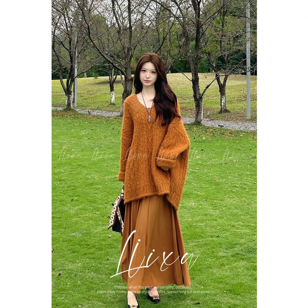 Liixu秋季v领宽松慵懒风重工毛衣上衣半身裙两件套女24TZ144