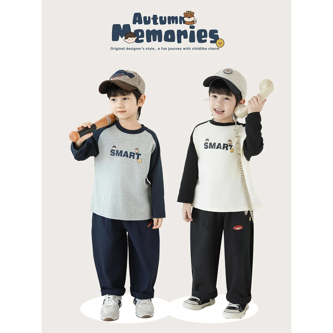 幼悠男童秋装全棉撞色插肩袖t恤潮酷痞帅童装休闲儿童衣服N6417