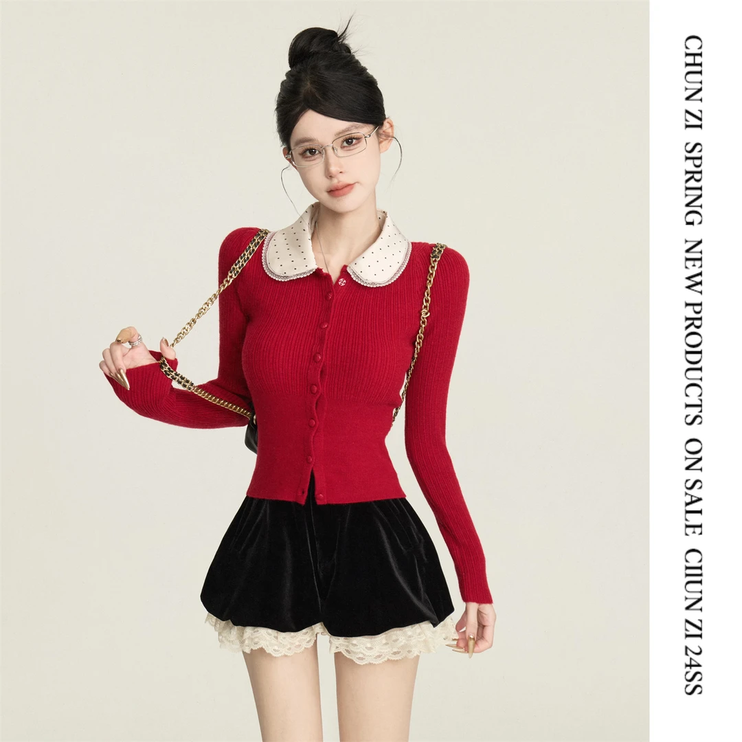 【CHUN ZI】复古新年红波点蕾丝翻领修身显瘦针织开衫上衣