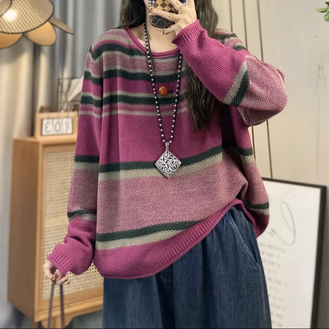 秋冬新款条纹撞色圆领棉线针织衫女文艺休闲宽松百搭显瘦套头毛衣