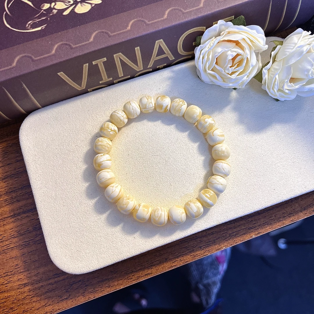 10m 同料焦皮料金橘瓷白底浓蜡虎皮纹妖闪电纹精工蜜蜡手串 12.5g