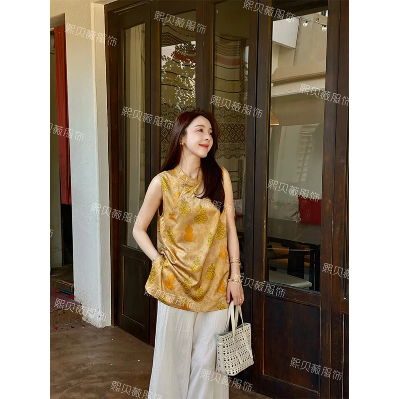 熙贝薇6【福禄】新中式无袖盘扣水墨印花简约百搭背心 G7818