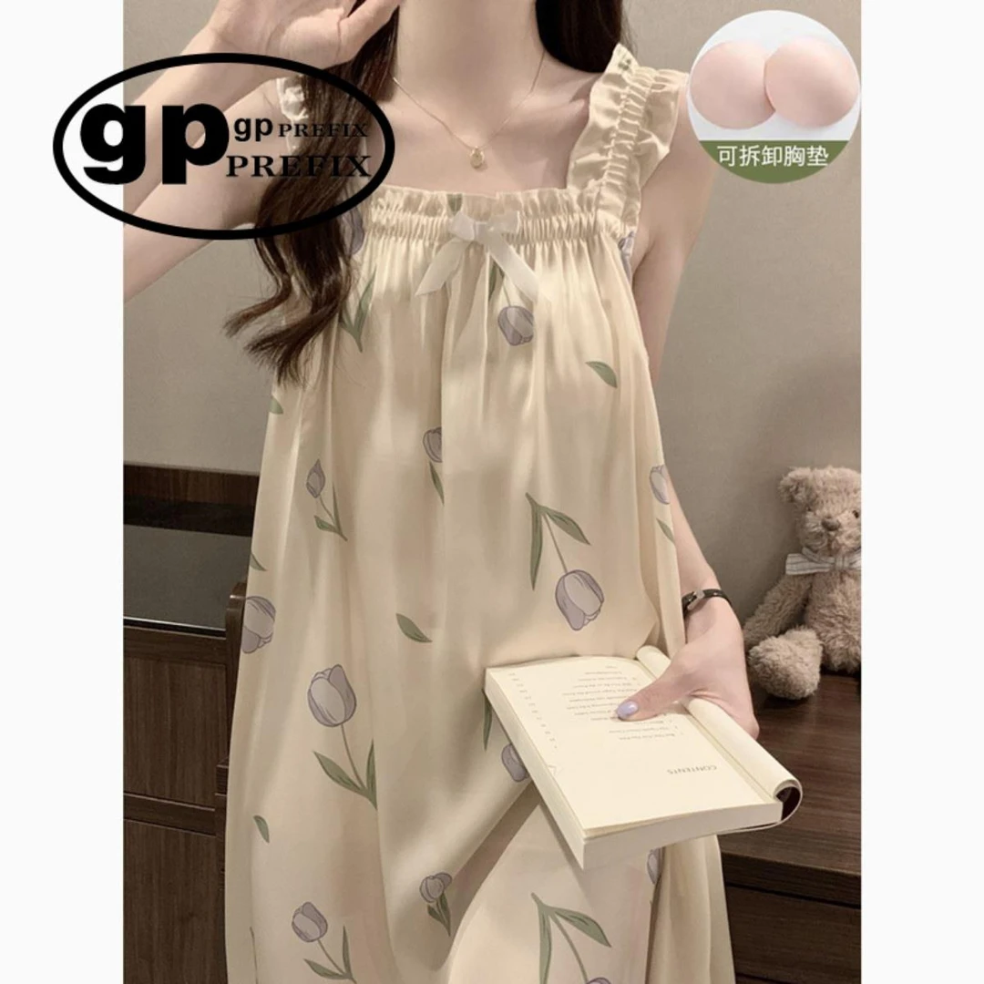日系小众GP吊带睡裙女夏季薄款冰丝少女带胸垫睡衣公主大码家居服