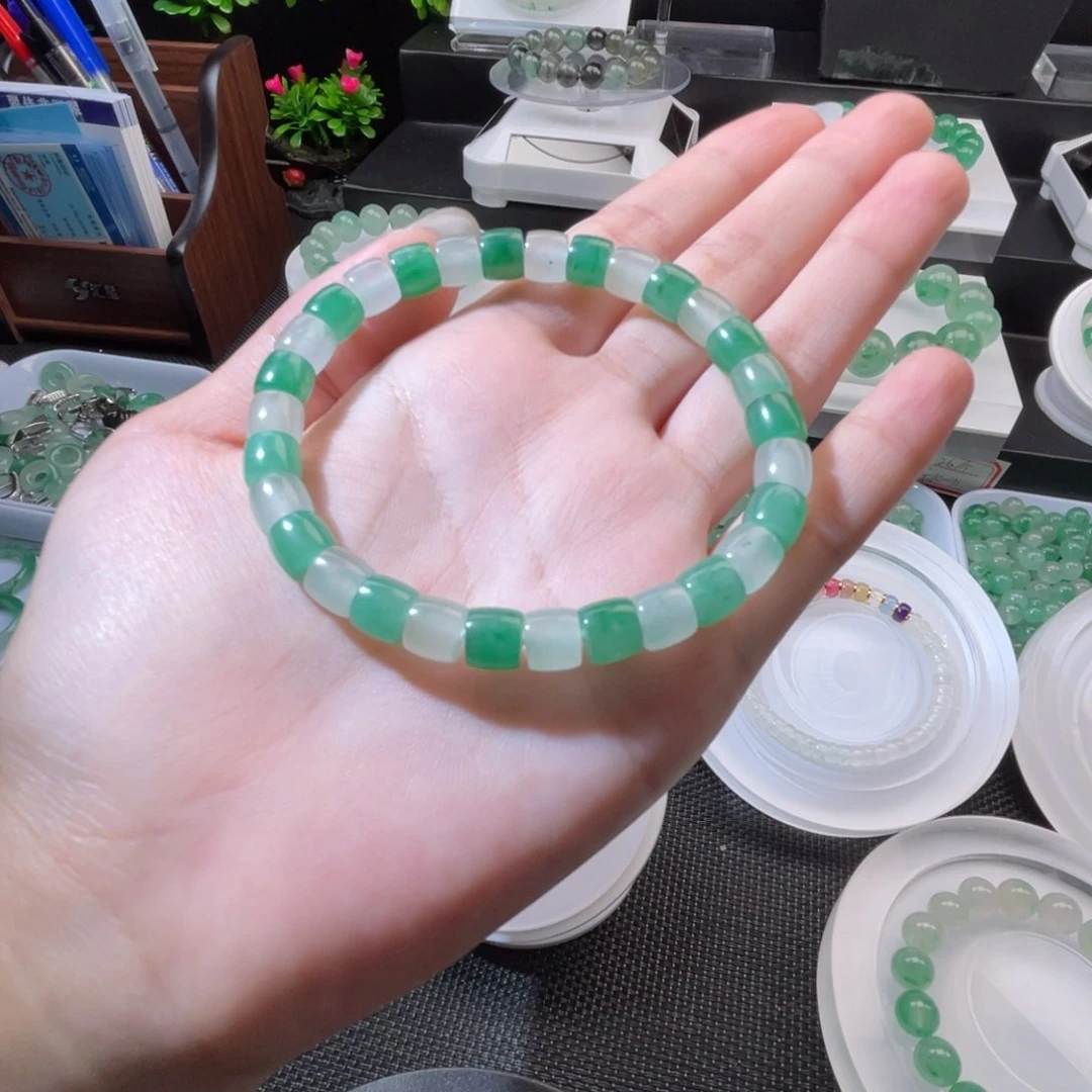 石英质玉（非洲翠）合金耳钉老行桶珠手串