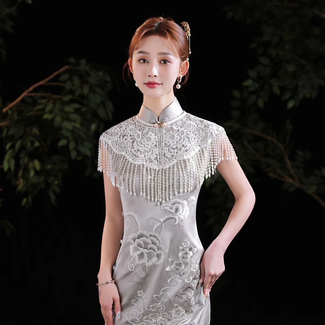 配旗袍珍珠流苏云肩披肩外搭新中式改良复古蕾丝重工高端年轻百搭
