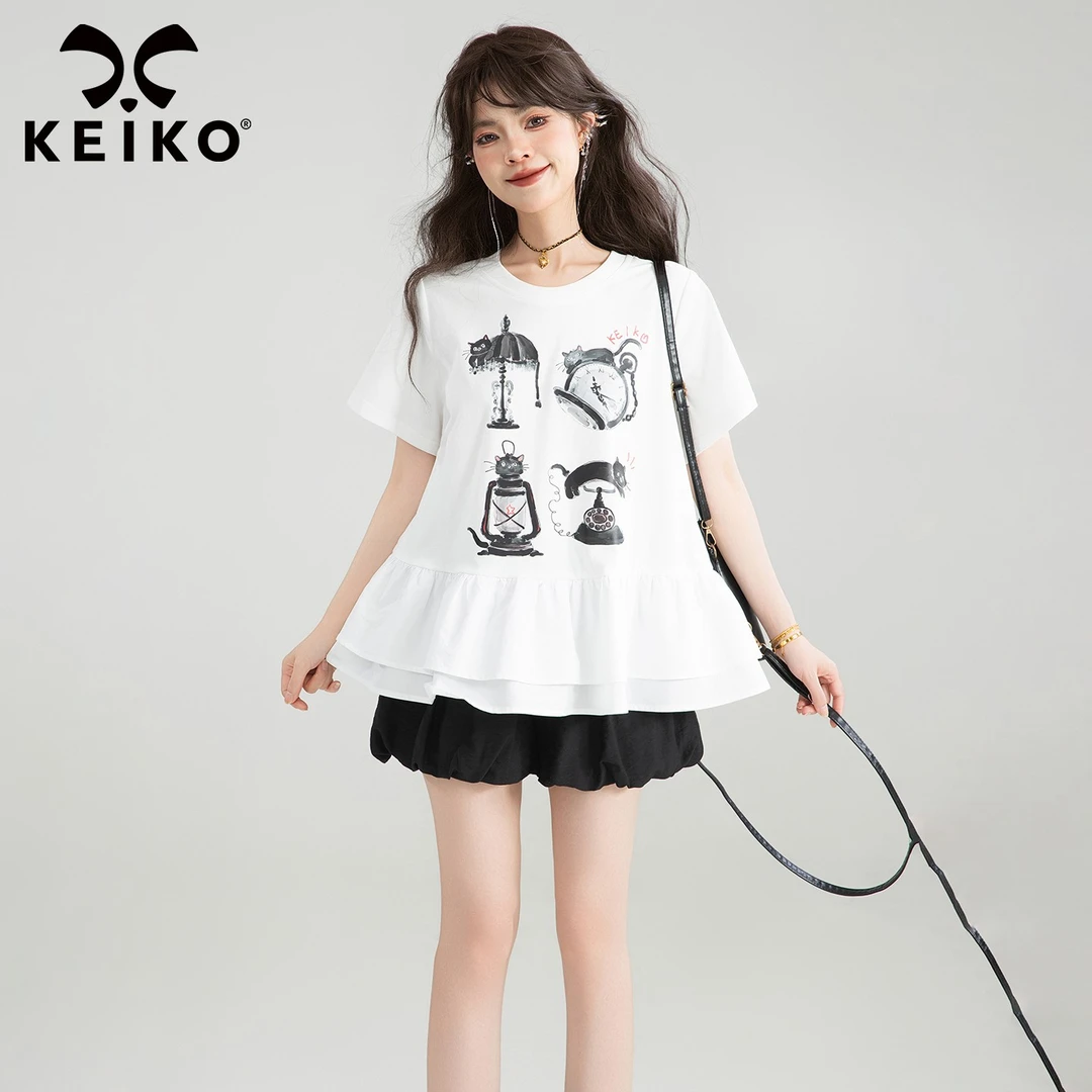 KEIKO小众不撞衫简约荷叶边白色短袖t恤夏季复古印花圆领正肩上衣
