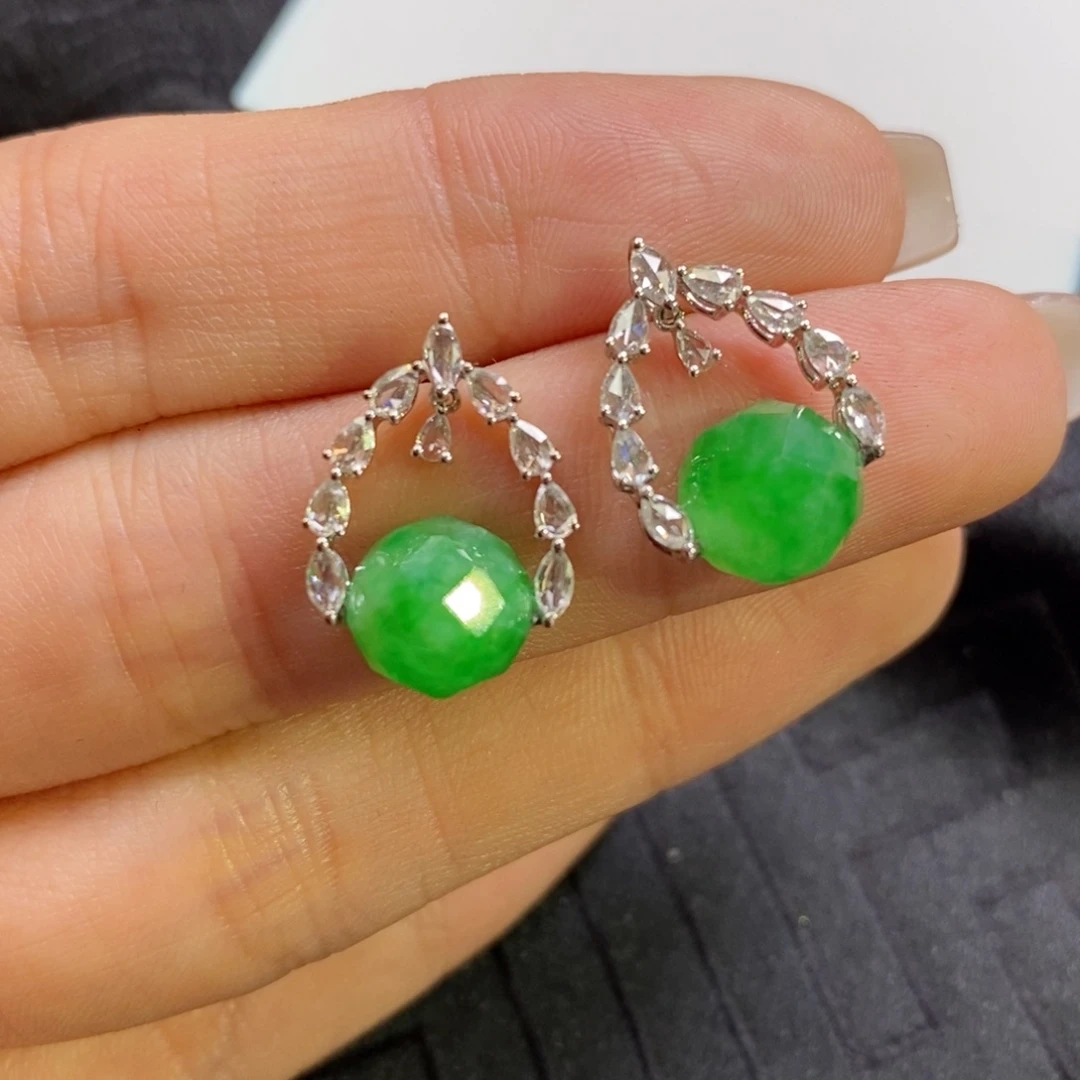 翡翠18K金镶嵌耳饰切割面珠珠耳钉