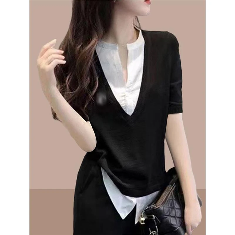 高级感v领假两件冰丝短袖针织衫女士夏季大码显瘦欧洲站欧货上衣