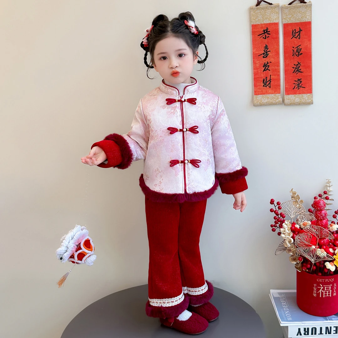 女童加绒年服套装秋冬季2025新款儿童国风新中式女宝宝冬装两件套