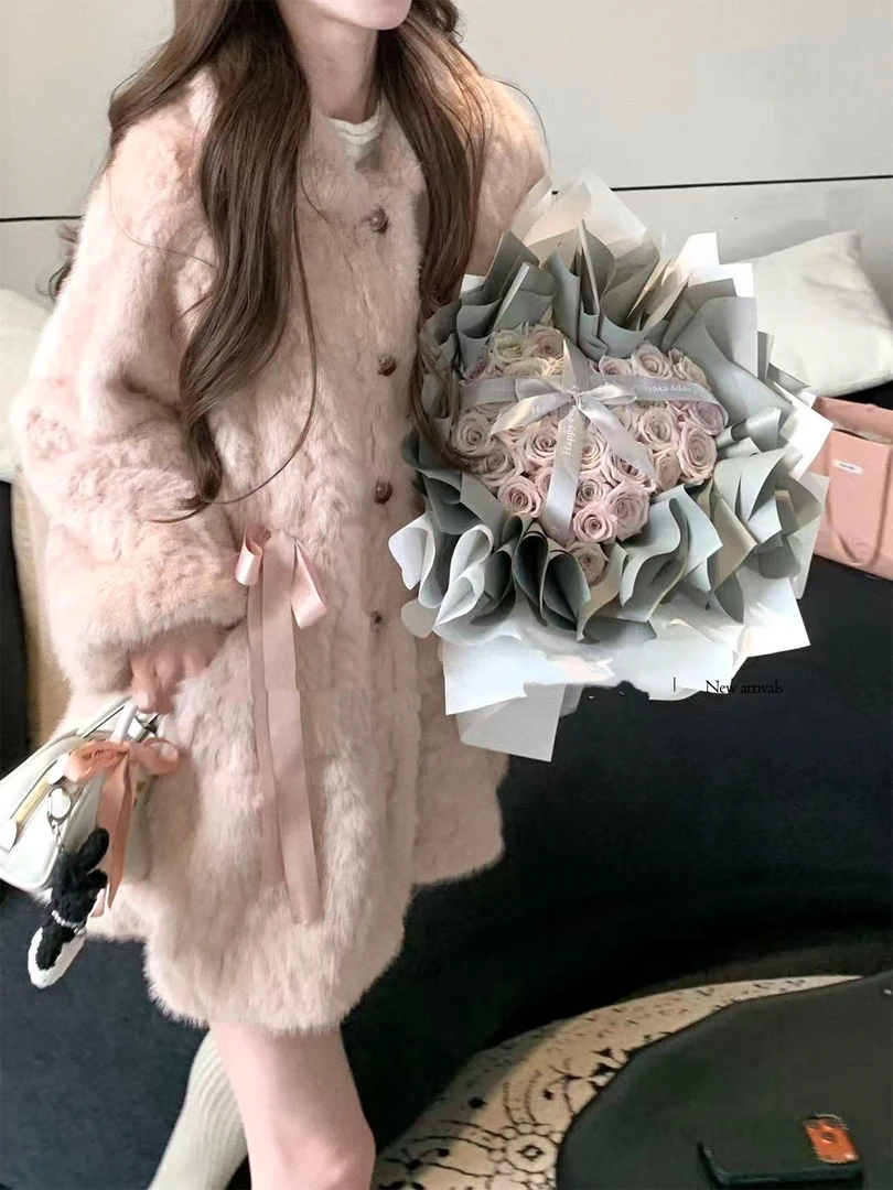 韩系中古粉豹环保毛毛外套秋冬女中长款皮毛一体新款大衣洋气冬季