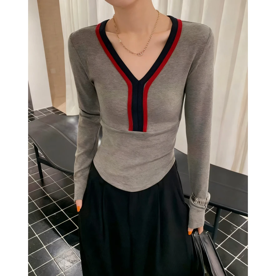 2025韩版秋冬休闲风撞色系V领打底衫T恤气质时尚秋季修身百搭女.