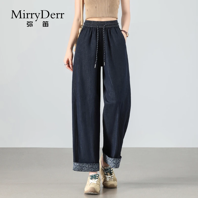 MirryDerr/弥笛九分卷边印花牛仔裤女2025夏季新款高腰显瘦直筒裤