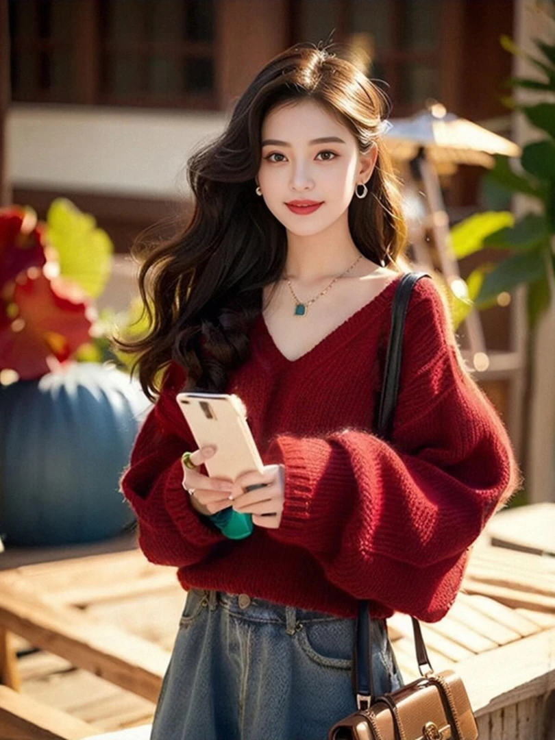 氛围感车厘子枣红色高级穿搭毛衣女秋季灯笼袖设计感独特别致上衣