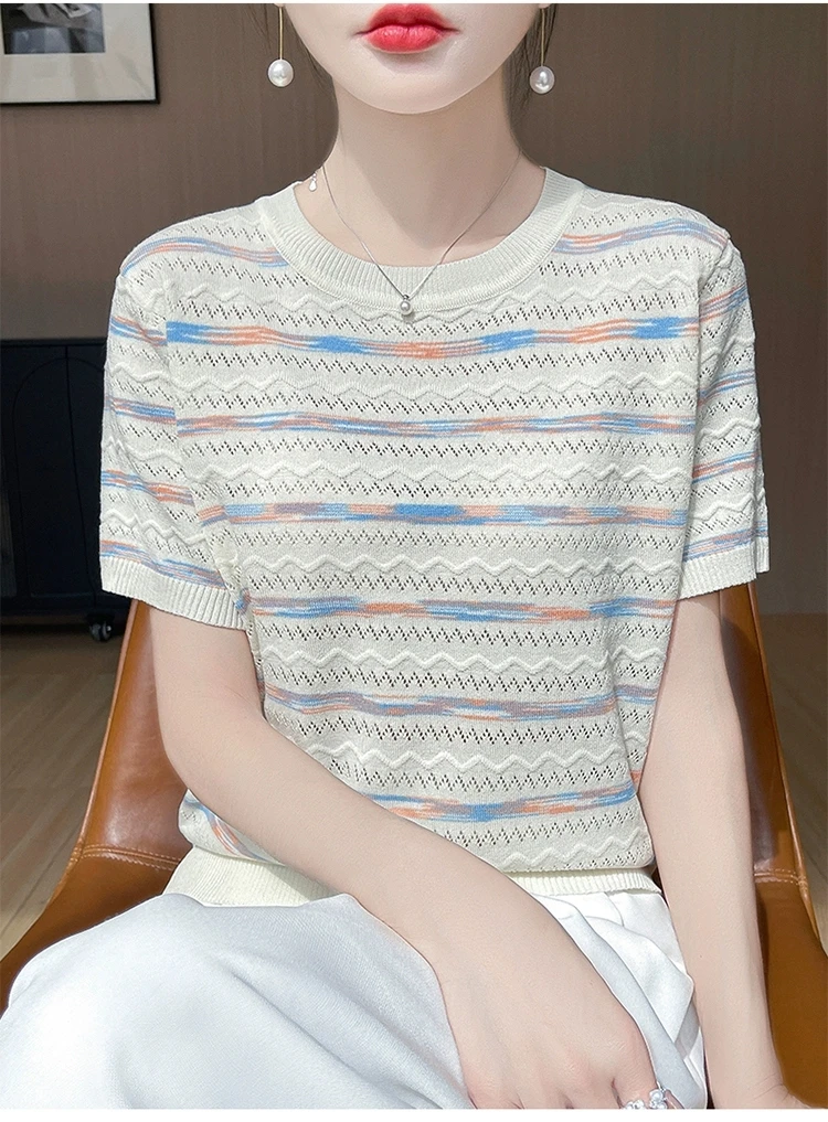 2025年短袖彩虹夏季条纹气质洋气宽松小杉
