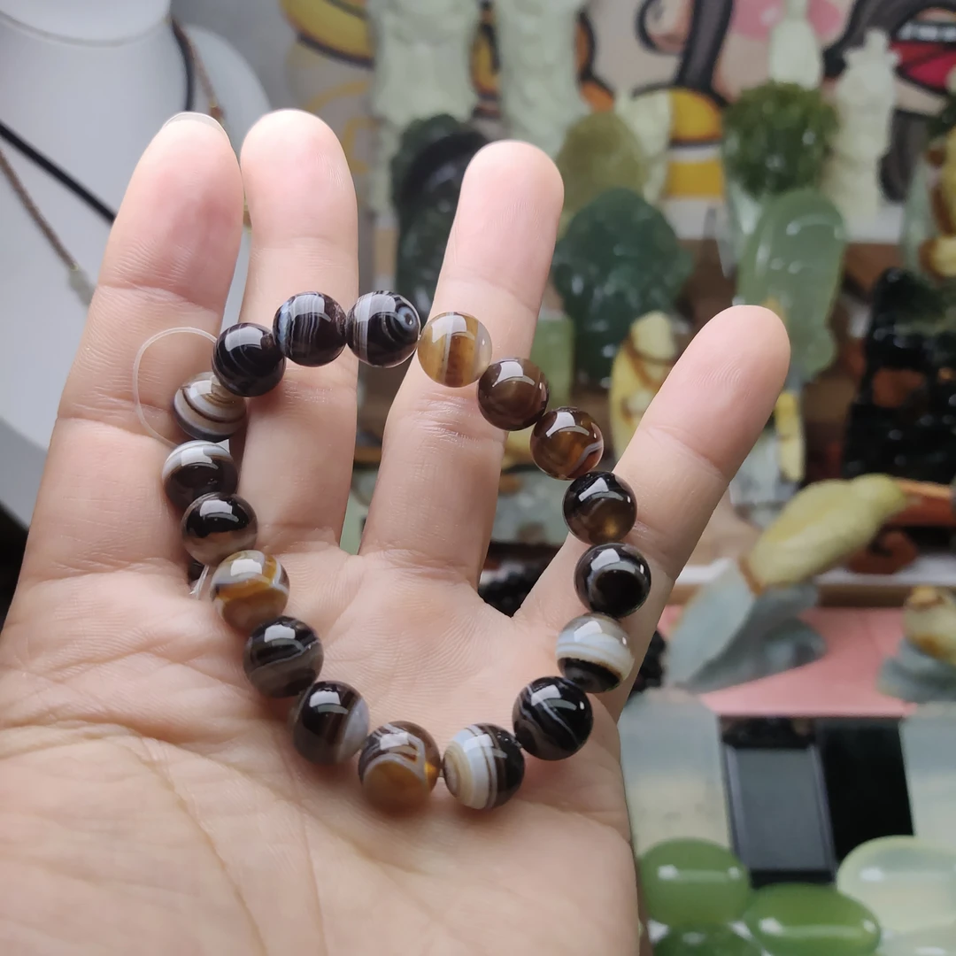 天然咖啡条纹玛瑙手链精美图案男女通用单圈手串