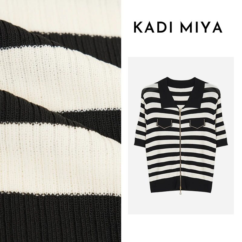 KADIMIYA【布列塔尼】法式撞色条纹烫钻弹力针织开衫显瘦短袖上衣夏