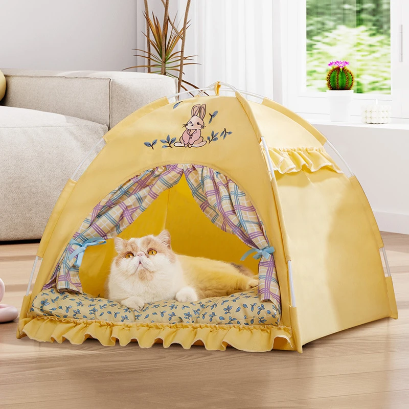 春季猫窝狗窝夏季半封闭房子兔子花边可折叠户外宠物帐篷用品