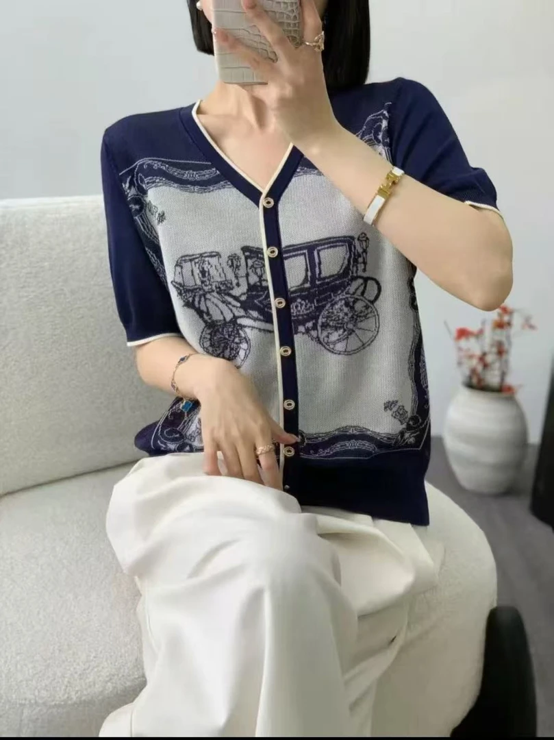 （小汽车）提花原单气质高级感凉快质感针织假开衫852
