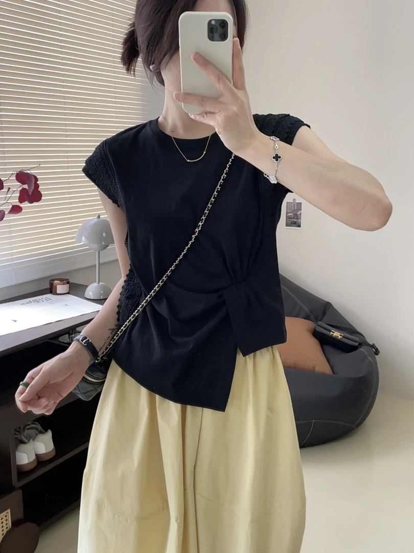 【安静】韩版气质时尚百搭透气薄款拼接设计感显瘦韩版气质飞飞袖