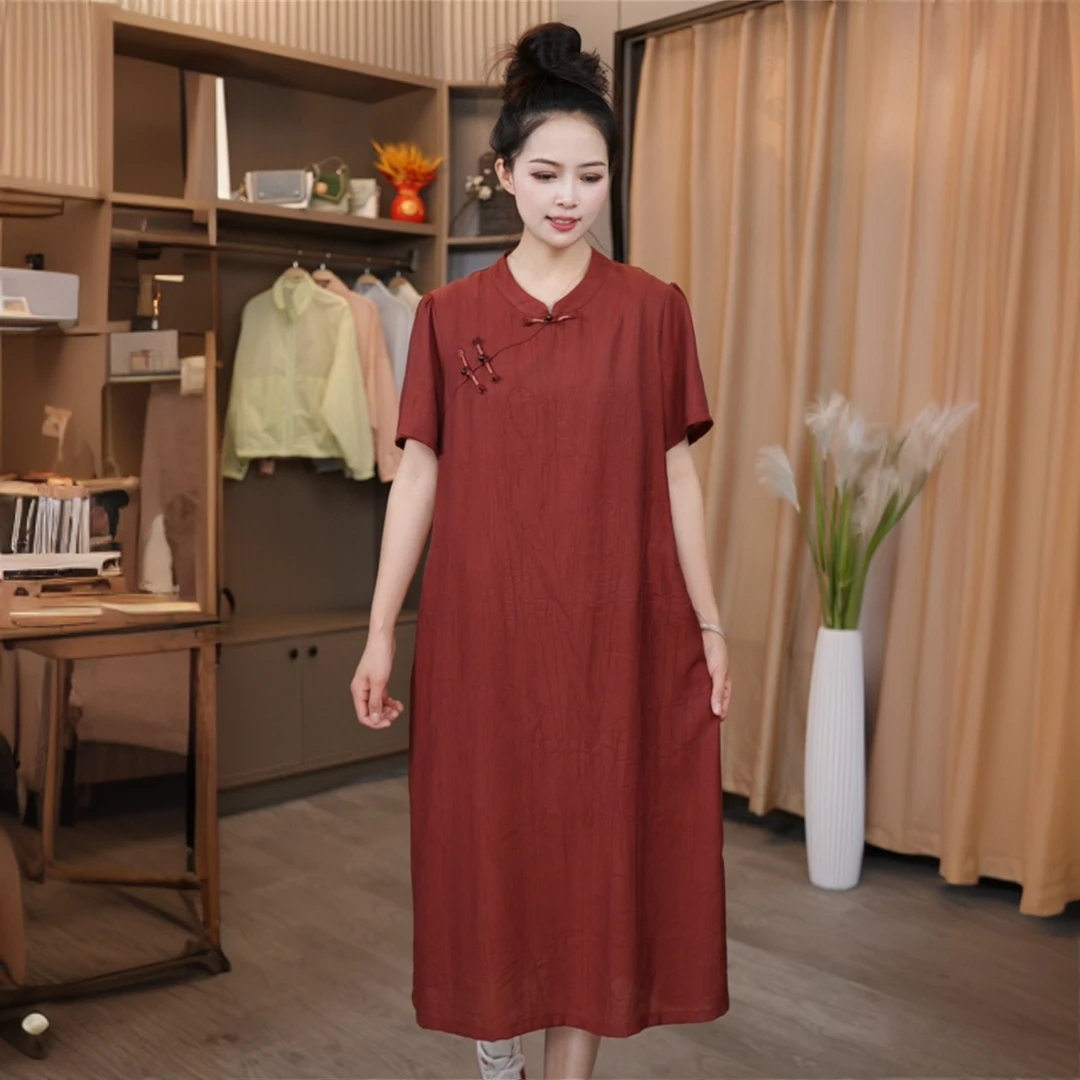 夏季宽松中式盘口圆领中国风宽松气质大码中长款连衣裙8579