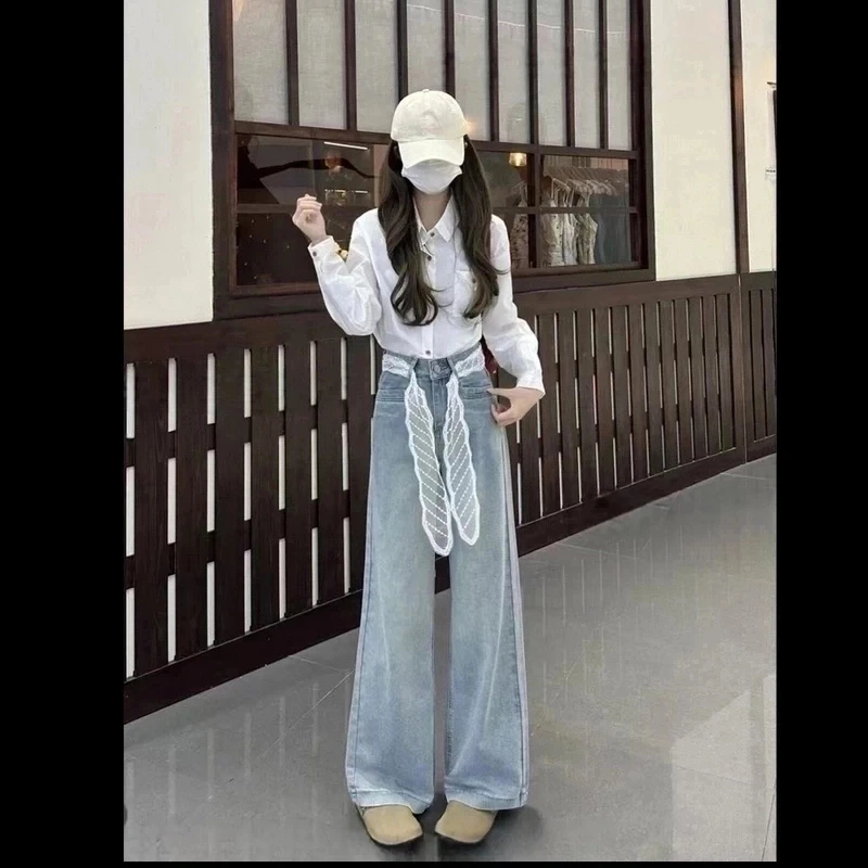 【送蕾丝腰带】2025秋季冰川蓝窄版阔腿无弹高腰软牛仔显高显瘦垂感